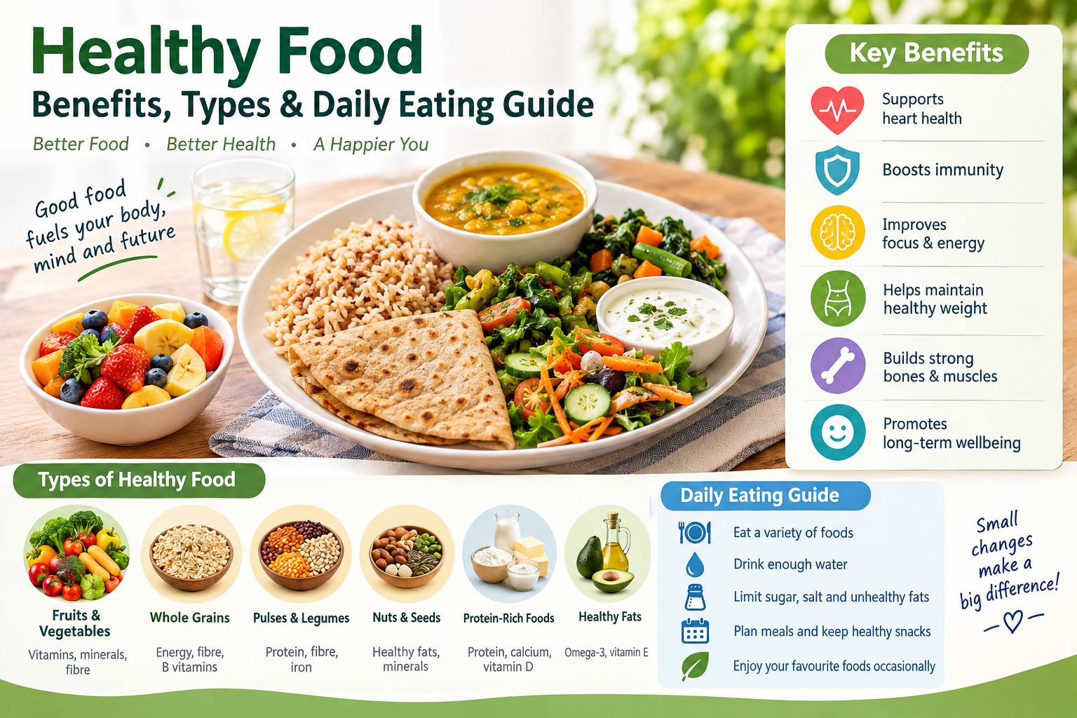 Healthy food infographic featuring a balanced Indian meal, fruits, vegetables, whole grains, pulses, nuts, seeds, and healthy fats, with key benefits and daily healthy eating tips.